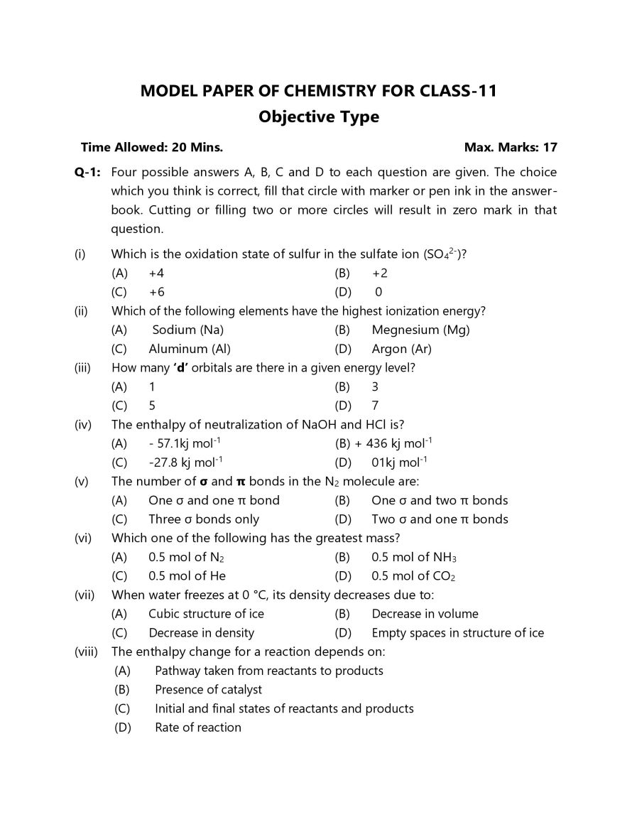 Class 11 Chemistry Model Papers - Page 1 - 2025-27