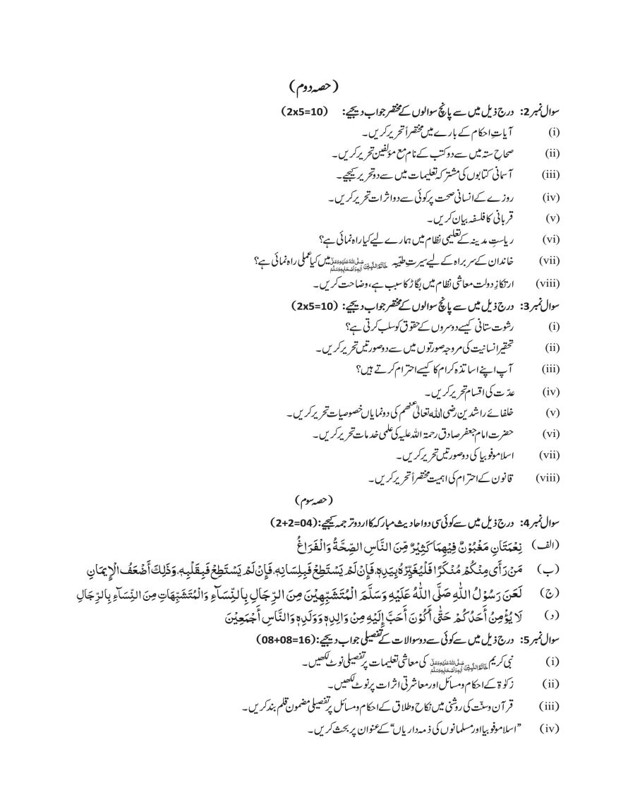 Class 11 Islamiyat - Islamic Studies Model Papers Page 2